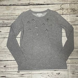 Liz Claiborne Gray Long Sleeve Top With Decorative Bling on Front